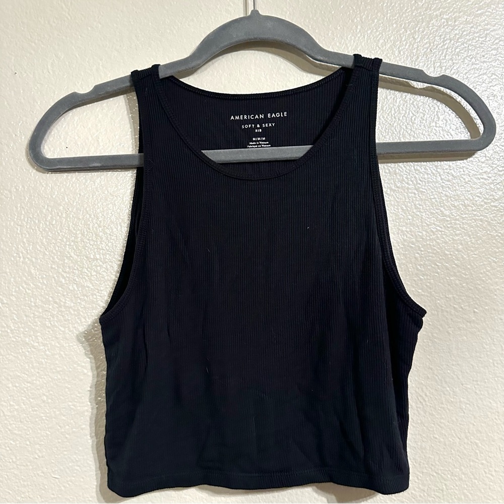 Black American Eagle Ribbed High Neck Cropped Tank